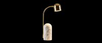 Brass curved floor lamp with marble base and gold metal shade, isolated on transparent background, ready for interior design, product mockups, and digital artwork.
