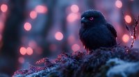 Small dark owl perched on mossy branch with warm bokeh lights creating magical evening atmosphere for wildlife photography and nature designs.
