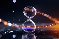Elegant hourglass with purple sand against dark background with golden bokeh lights creating magical atmosphere and reflection on glossy surface.