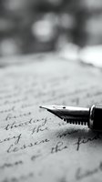 Fountain pen resting on handwritten letter with cursive script, shallow depth of field creating soft background blur, monochrome composition for writing, correspondence, literature, education.