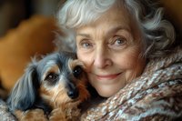 Senior woman with silver curly hair smiling warmly while cuddling small black and tan dachshund puppy, wrapped in cozy knit sweater, expressing joy and companionship.