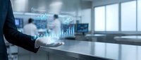Businessman holding digital holographic data analytics interface with glowing charts and graphs for business intelligence and financial reporting applications.