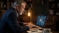 Senior businessman working late at night on laptop with digital interface in home office library with warm lighting and bookshelves background.