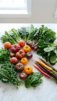 Fresh organic vegetables and leafy greens arranged on marble counter including heirloom tomatoes, kale, spinach, carrots for healthy cooking and nutrition.