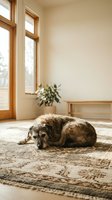 Senior mixed breed dog resting peacefully on woven rug in sunlit living room with wooden windows and natural light streaming through glass panes.