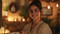 Young Hispanic woman in bathrobe smiling warmly in cozy spa setting with soft lighting. Relaxation wellness self-care concept for beauty treatments.