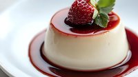 Creamy vanilla panna cotta dessert topped with fresh strawberry and mint leaf, served on white plate with sweet red berry sauce, close up view.
