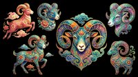 Colorful zodiac ram and goat characters with ornate decorative patterns, isolated on transparent background. Ready for t-shirt design, clipart, stickers, sublimation, and print-on-demand products.