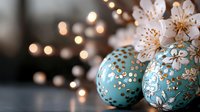 Elegant turquoise Christmas ornaments with gold floral patterns and white cherry blossoms create festive holiday decoration with warm bokeh lights background.