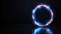 Glowing blue and pink energy ring portal with light reflection on dark surface creates mystical atmosphere for fantasy and sci-fi designs.