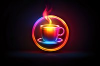 Glowing neon coffee cup sign with rising steam in vibrant rainbow colors against dark background, circular design for cafe and restaurant business promotion.