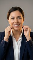 Professional woman with dark hair and olive complexion wearing navy blazer and white shirt, holding dental floss while smiling against neutral background for oral hygiene and dental care concepts.
