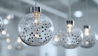 Elegant glass ornaments with silver polka dot pattern hanging as modern pendant lights in contemporary interior space.