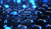Glowing blue molecular structure of graphene with hexagonal pattern and illuminated nodes on dark background, scientific nanotechnology concept.