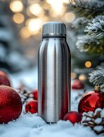 Stainless steel water bottle surrounded by red Christmas ornaments and snowy pine branches with warm bokeh lights for holiday hydration and winter wellness.