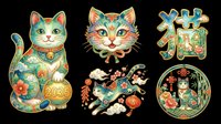 Maneki-neko lucky cat with floral patterns, fortune cat face, and Asian ornamental designs isolated on transparent background for t-shirt, clipart, sticker, and print-on-demand projects.