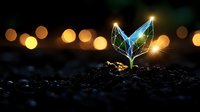 Glowing geometric plant sprout emerging from soil with bokeh lights background, symbolizing growth, innovation and environmental technology concept.