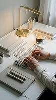 Modern minimalist workspace with hands typing on mechanical keyboard, gold desk lamp, coffee cup and organized stationery for productivity and focus.