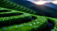 Close-up of fresh green moss with water droplets on natural surface during golden hour sunrise in mountain landscape for nature photography projects.