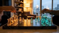 Strategic chess game with glowing pieces on modern board in luxury apartment living room during evening hours with city skyline view through windows.