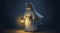Anthropomorphic cat wearing white robe and cape, holding glowing lantern, standing against dark starry background. Fantasy character illustration for games, children's books, and creative projects.