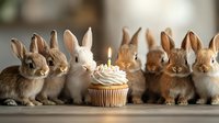 Adorable baby rabbits gathered around birthday cupcake with lit candle, celebrating special occasion. Cute bunnies in brown and white colors sitting in row.