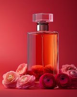Elegant perfume bottle with pink and red ranunculus flowers on red background, luxury fragrance concept for cosmetic and beauty product photography.