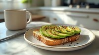 Fresh sliced avocado on toasted artisan bread garnished with black sesame seeds and herbs, served with coffee on white ceramic plate in morning light.