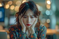 Young Asian woman with red lipstick showing signs of stress or fatigue, resting head on hands in cafe setting with beautiful bokeh lights background, wearing floral pattern dress.