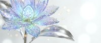 Crystal glass lily flower with iridescent purple and blue petals covered in sparkling water droplets on soft white background for elegant design projects.