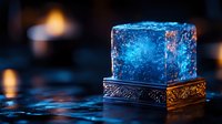 Glowing blue ice cube on ornate bronze base with mystical light effects and water reflections, creating magical atmosphere for fantasy and spiritual concepts.