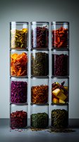 Glass jars filled with colorful dried herbs, flowers, and tea leaves arranged in neat rows against dark background, creating vibrant natural pantry display.