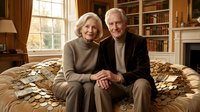Happy senior Caucasian couple sitting together on couch in elegant home library with books and warm lighting for retirement lifestyle content.