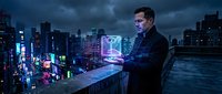 Businessman using holographic tablet technology on city rooftop at night with futuristic digital interface and urban skyline background for business concepts.