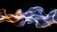 Ethereal smoke trails in orange and blue colors intertwining against black background create mesmerizing abstract pattern for creative design projects.
