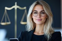 Professional blonde woman in glasses and business attire smiling confidently with justice scales symbol in background, representing legal expertise and attorney services.