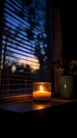 Glowing candle on windowsill at dusk with venetian blinds casting shadows, potted plant silhouette, and warm ambient lighting creates cozy atmosphere.