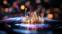Futuristic glowing cityscape rising from circular platform with neon blue light rings and golden bokeh background creates modern abstract urban visualization.