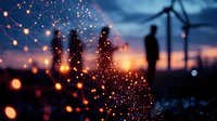 Silhouette of person near wind turbine at sunset with magical glowing particles and bokeh lights creating dreamy atmospheric scene against dramatic sky.