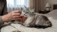 Elderly person giving medication pill to a fluffy gray cat with blue eyes on a cozy bed at home. Pet healthcare concept.
