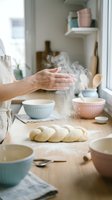 Baker dusting flour over braided dough on wooden counter with mixing bowls and kitchen utensils in bright home kitchen setting.