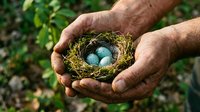 Elderly hands gently holding bird nest with blue eggs, symbolizing protection, care and new life in natural outdoor setting for environmental concepts.