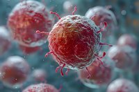 Microscopic view of coronavirus cell structure showing red spherical viral particles with surface proteins against blurred background for medical research.