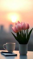 Pink tulips in white vase with coffee cup and notebook against sunset cityscape background, creating peaceful morning atmosphere for lifestyle and wellness concepts.