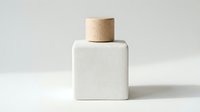 Minimalist white ceramic bottle with wooden cap on light background, elegant packaging design for perfume, cosmetics or home fragrance.