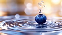 Blueberry falling into clear water creating ripples and splash with droplets against soft blurred background for healthy lifestyle and nutrition concepts.