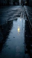 Rainy urban street with puddle reflecting streetlights and buildings, wet pavement and cobblestones creating moody atmosphere for atmospheric design projects.