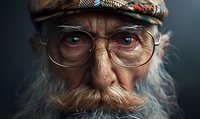 Close up portrait of senior Caucasian man with white beard, mustache, glasses and tweed cap against dark background. Intense gaze and weathered facial features show wisdom and character.