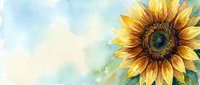 Watercolor sunflower bloom with soft blue sky background, natural botanical art for greeting cards, home decor and seasonal design projects.