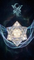 Futuristic sacred geometry crystal with glowing energy waves and mystical symbols in cosmic space background for spiritual and sci-fi designs.